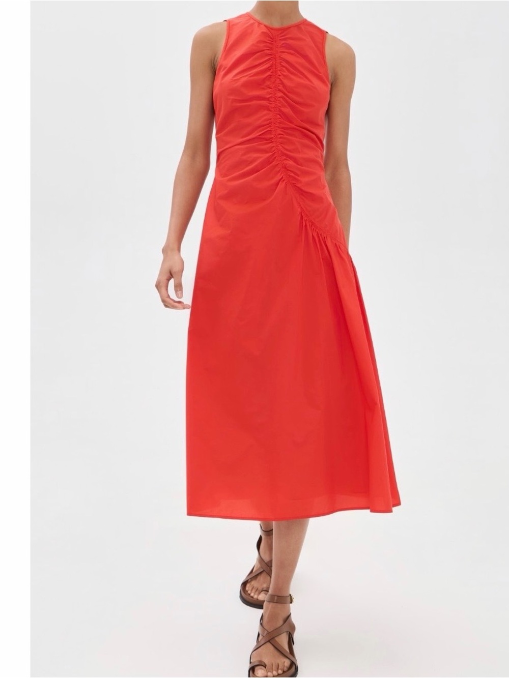 Theory Red Ruched Midi Dress